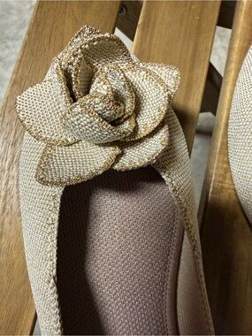 Rothy's Cream Ballet Flat with Gold-Trim Flower